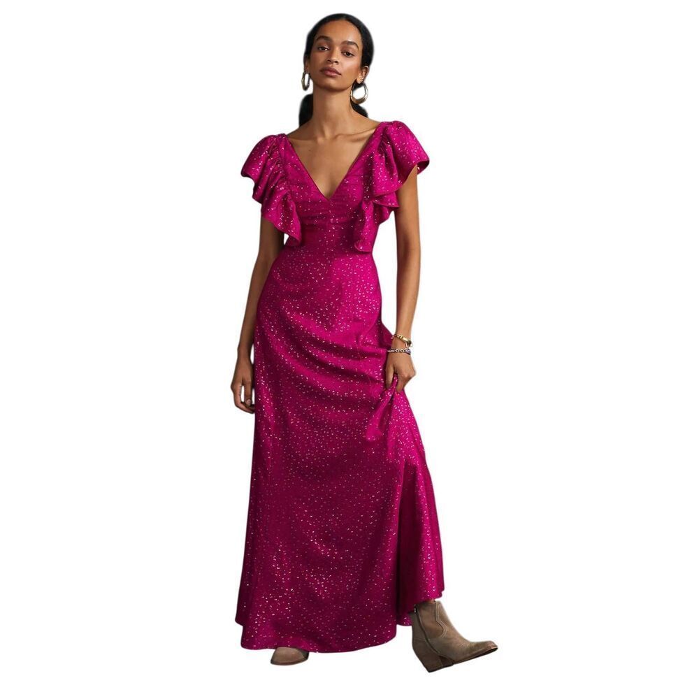 Hutch Anthropologie Ruffled Open-Back Maxi Dress Pink Metallic V-Neck Size 2
